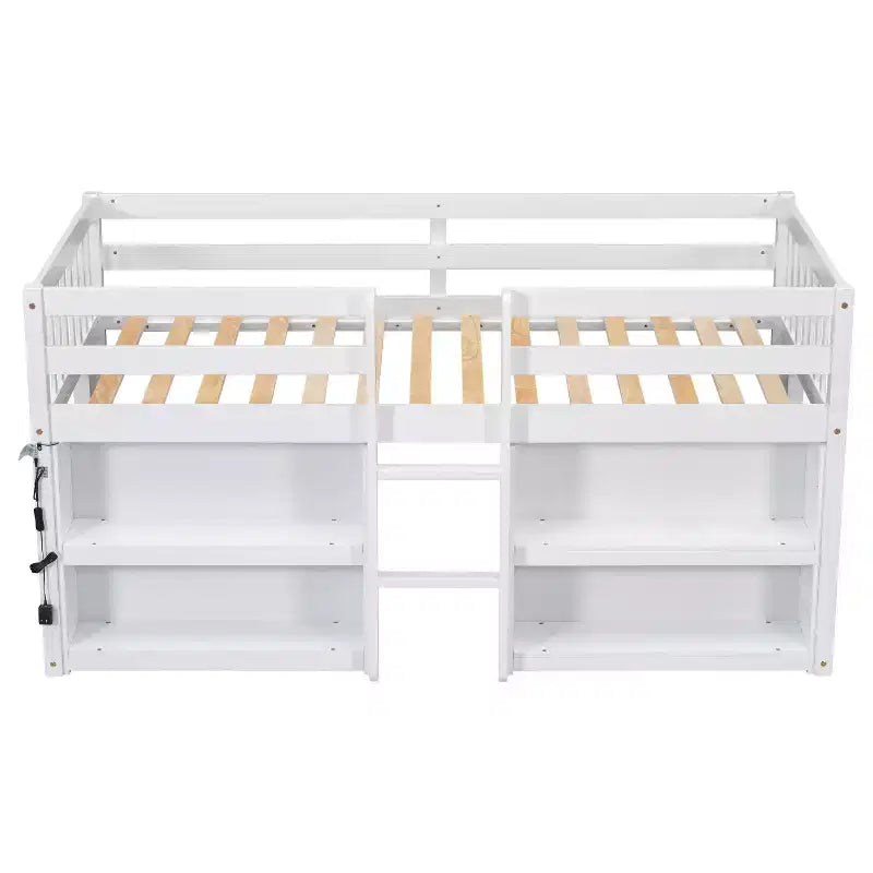 Cama alta baja para niños tamaño Twin con estantes de dos niveles, luz LED, madera de pino