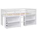 Cama alta baja para niños tamaño Twin con estantes de dos niveles, luz LED, madera de pino