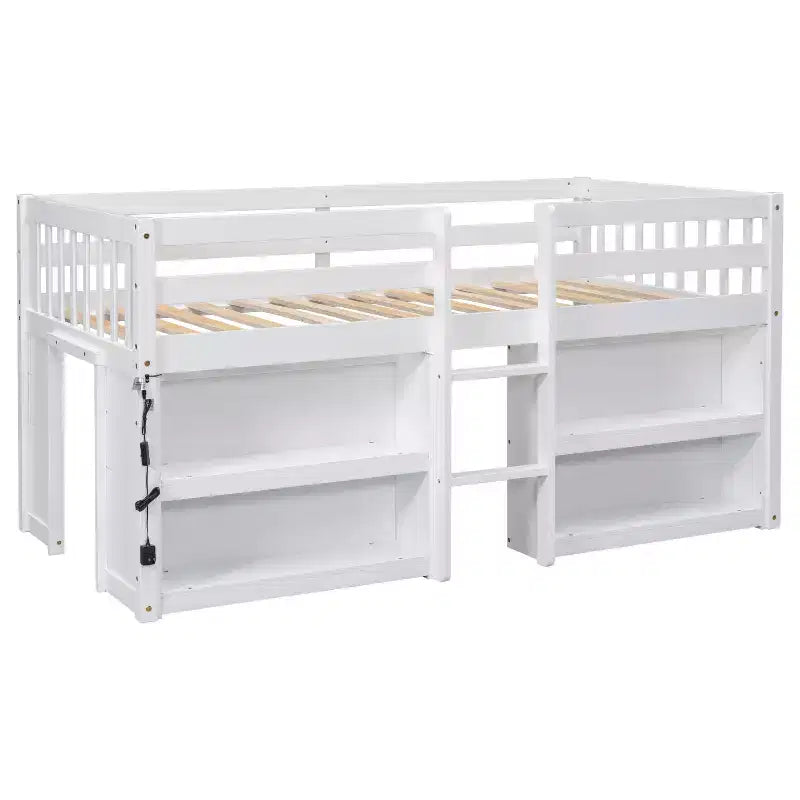 Cama alta baja para niños tamaño Twin con estantes de dos niveles, luz LED, madera de pino