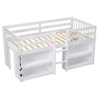 Cama alta baja para niños tamaño Twin con estantes de dos niveles, luz LED, madera de pino