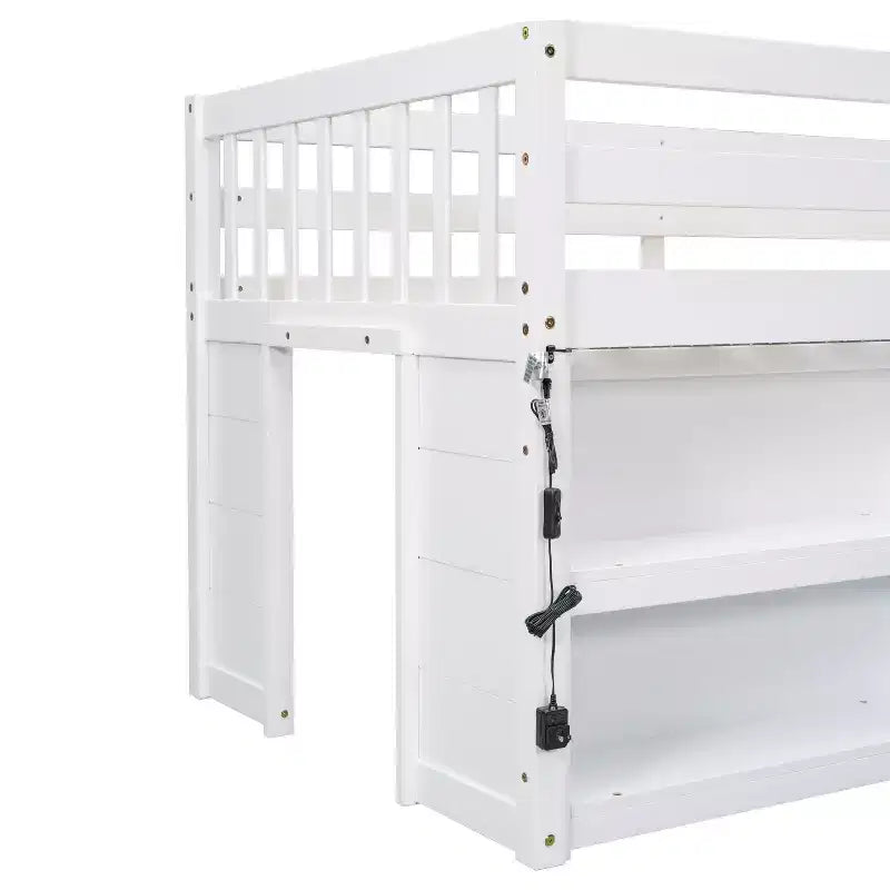 Cama alta baja para niños tamaño Twin con estantes de dos niveles, luz LED, madera de pino