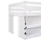 Cama alta baja para niños tamaño Twin con estantes de dos niveles, luz LED, madera de pino