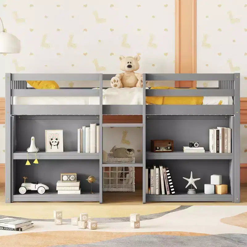 Cama alta baja para niños tamaño Twin con estantes de dos niveles, luz LED, madera de pino