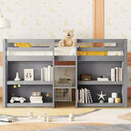 Cama alta baja para niños tamaño Twin con estantes de dos niveles, luz LED, madera de pino