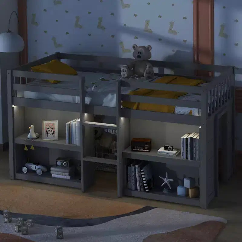 Cama alta baja para niños tamaño Twin con estantes de dos niveles, luz LED, madera de pino