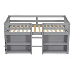 Cama alta baja para niños tamaño Twin con estantes de dos niveles, luz LED, madera de pino