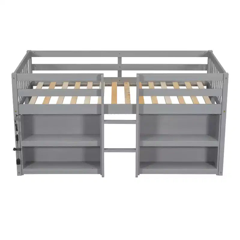 Cama alta baja para niños tamaño Twin con estantes de dos niveles, luz LED, madera de pino
