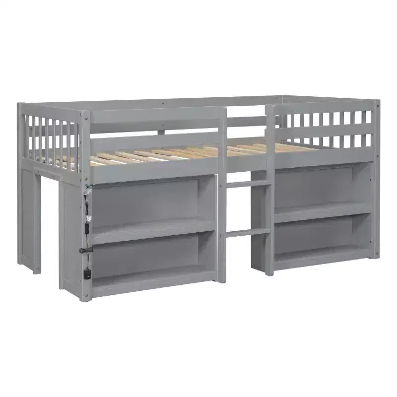 Cama alta baja para niños tamaño Twin con estantes de dos niveles, luz LED, madera de pino