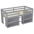 Cama alta baja para niños tamaño Twin con estantes de dos niveles, luz LED, madera de pino