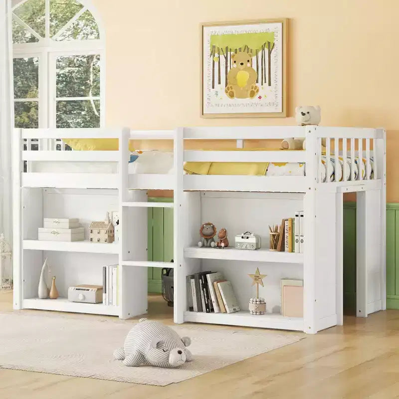 Cama alta baja para niños tamaño Twin con estantes de dos niveles, luz LED, madera de pino