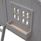 Litera Whisen con techo, ventana, jardinera, puerta, barandillas de seguridad y escalera, tamaño doble sobre doble