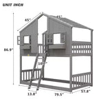 Litera Whisen con techo, ventana, jardinera, puerta, barandillas de seguridad y escalera, tamaño doble sobre doble
