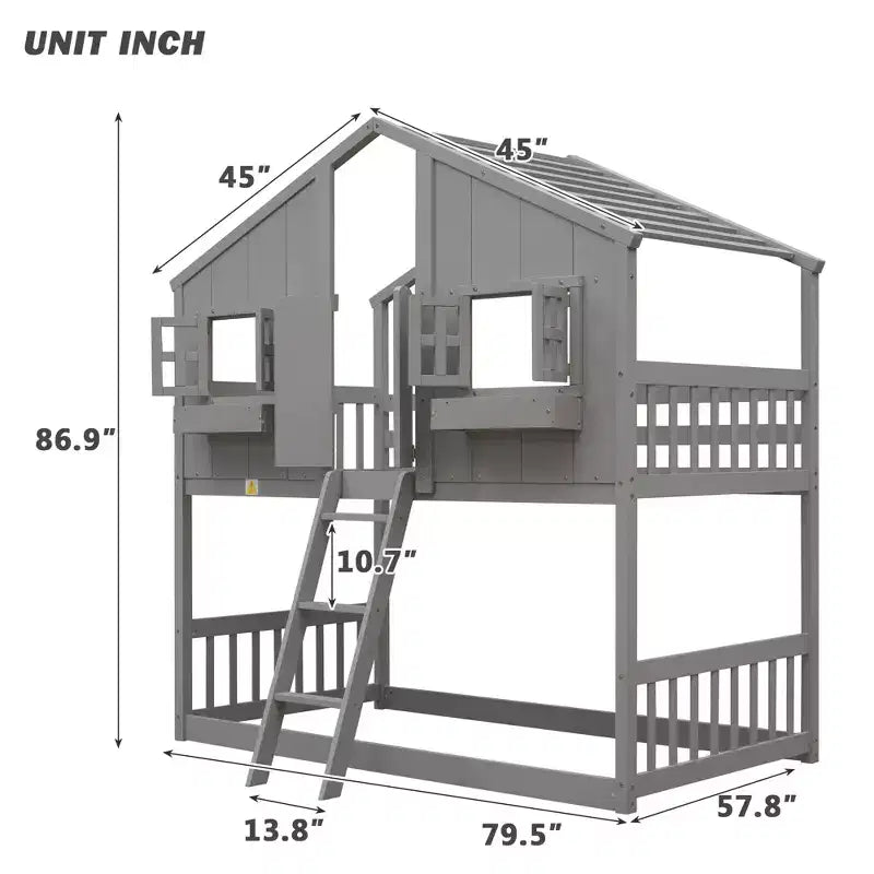 Litera Whisen con techo, ventana, jardinera, puerta, barandillas de seguridad y escalera, tamaño doble sobre doble