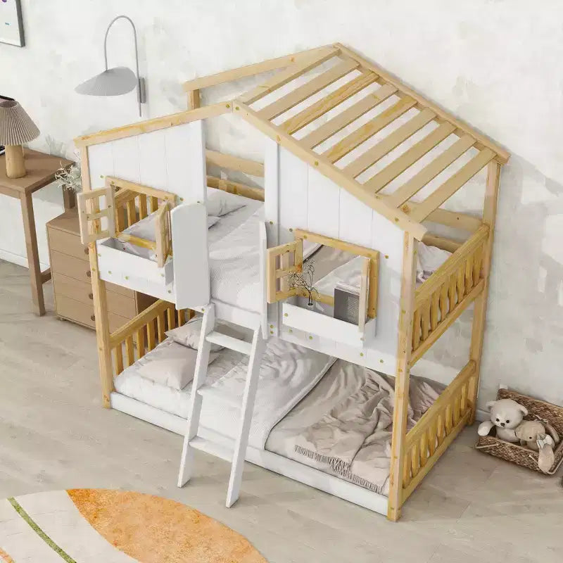 Litera Whisen con techo, ventana, jardinera, puerta, barandillas de seguridad y escalera, tamaño doble sobre doble