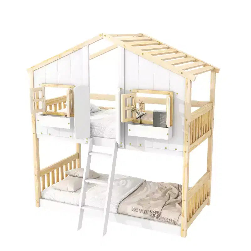 Litera Whisen con techo, ventana, jardinera, puerta, barandillas de seguridad y escalera, tamaño doble sobre doble