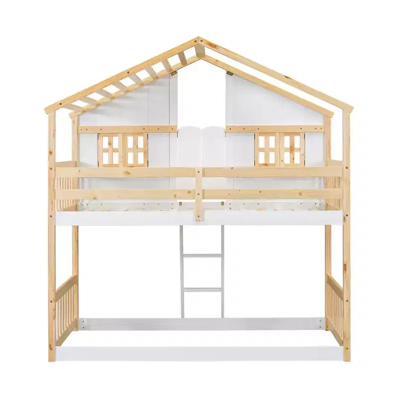 Litera Whisen con techo, ventana, jardinera, puerta, barandillas de seguridad y escalera, tamaño doble sobre doble