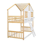 Litera Whisen con techo, ventana, jardinera, puerta, barandillas de seguridad y escalera, tamaño doble sobre doble
