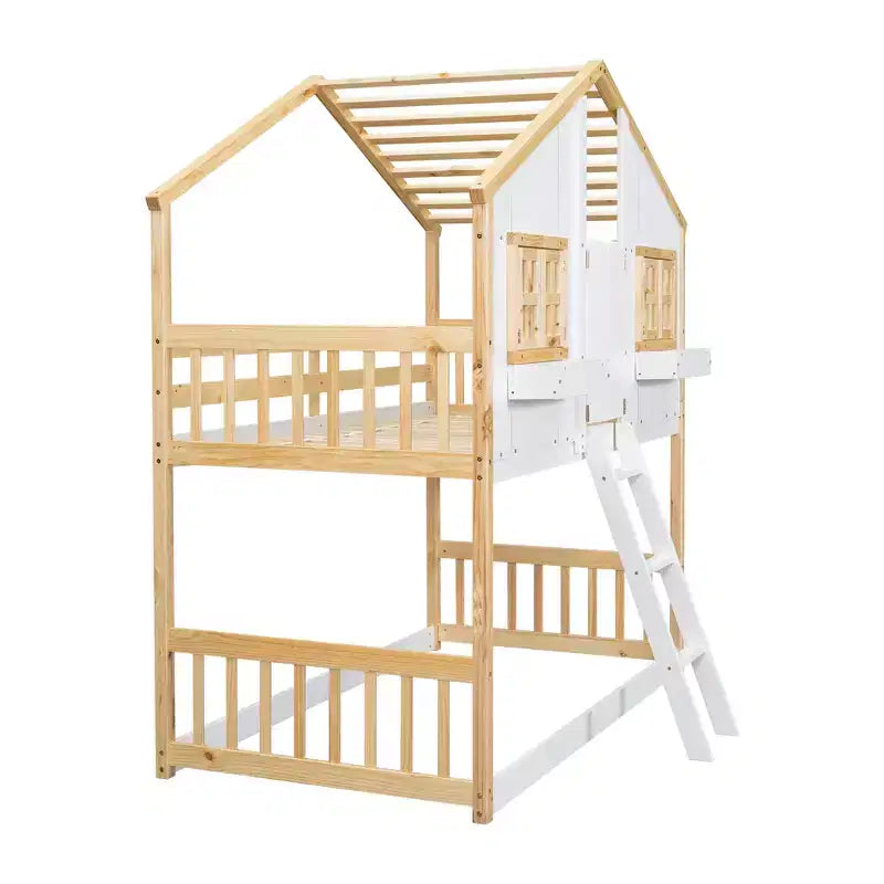 Litera Whisen con techo, ventana, jardinera, puerta, barandillas de seguridad y escalera, tamaño doble sobre doble
