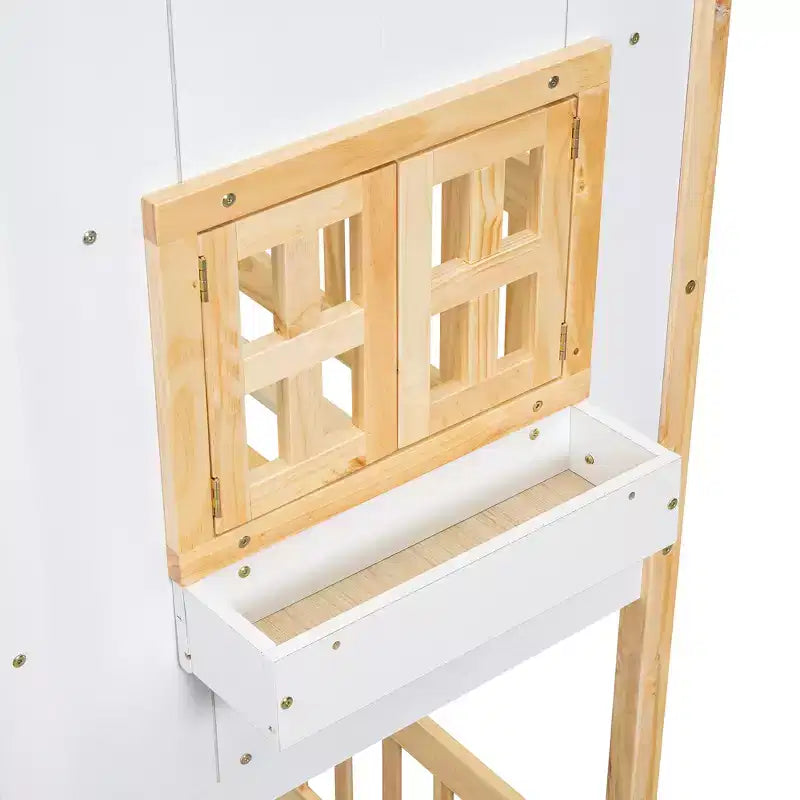 Litera Whisen con techo, ventana, jardinera, puerta, barandillas de seguridad y escalera, tamaño doble sobre doble