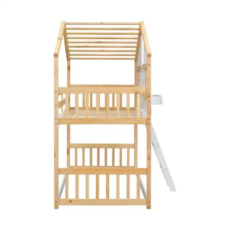 Litera Whisen con techo, ventana, jardinera, puerta, barandillas de seguridad y escalera, tamaño doble sobre doble