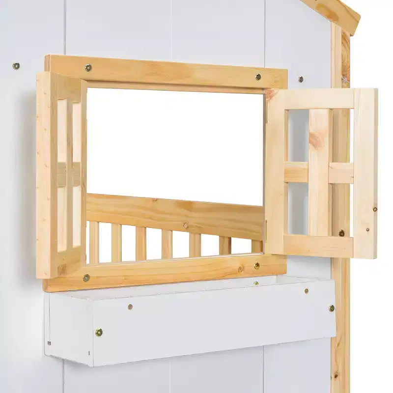 Litera Whisen con techo, ventana, jardinera, puerta, barandillas de seguridad y escalera, tamaño doble sobre doble