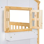 Litera Whisen con techo, ventana, jardinera, puerta, barandillas de seguridad y escalera, tamaño doble sobre doble