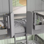Litera Whisen con techo, ventana, jardinera, puerta, barandillas de seguridad y escalera, tamaño doble sobre doble