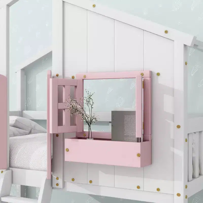 Litera Whisen con techo, ventana, jardinera, puerta, barandillas de seguridad y escalera, tamaño doble sobre doble