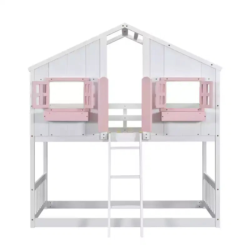 Litera Whisen con techo, ventana, jardinera, puerta, barandillas de seguridad y escalera, tamaño doble sobre doble