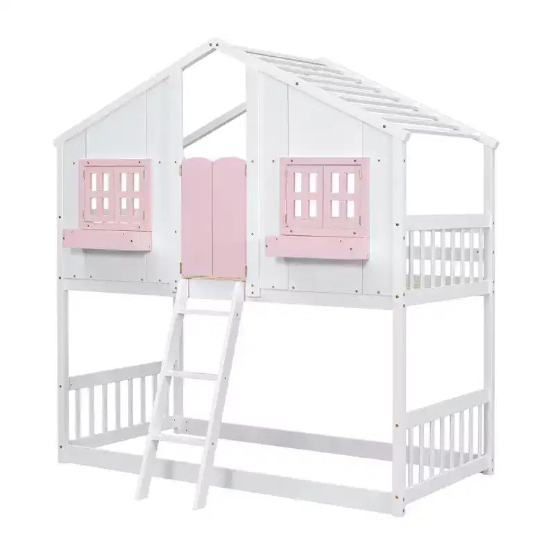 Litera Whisen con techo, ventana, jardinera, puerta, barandillas de seguridad y escalera, tamaño doble sobre doble