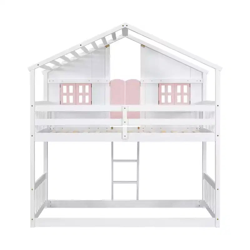 Litera Whisen con techo, ventana, jardinera, puerta, barandillas de seguridad y escalera, tamaño doble sobre doble
