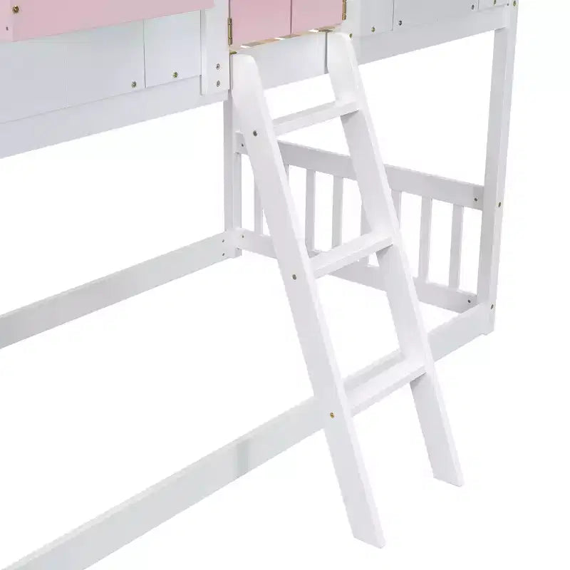 Litera Whisen con techo, ventana, jardinera, puerta, barandillas de seguridad y escalera, tamaño doble sobre doble