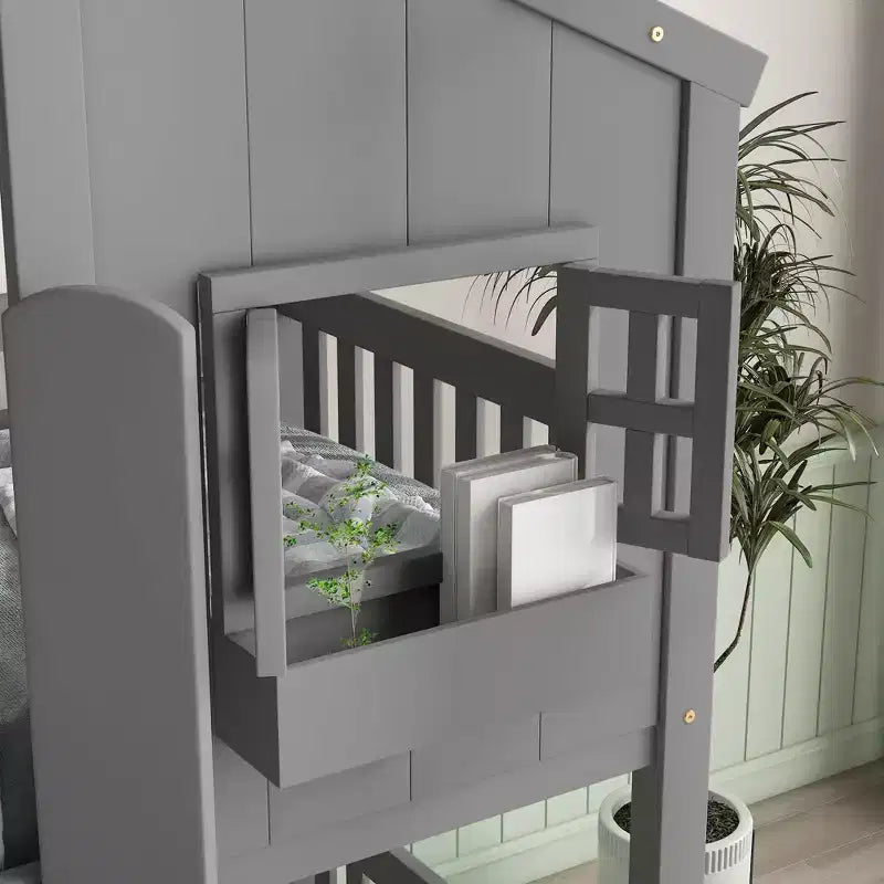 Litera Whisen con techo, ventana, jardinera, puerta, barandillas de seguridad y escalera, tamaño doble sobre doble