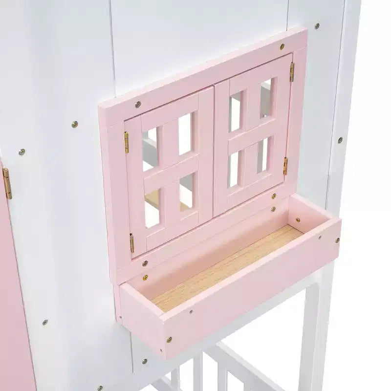 Litera Whisen con techo, ventana, jardinera, puerta, barandillas de seguridad y escalera, tamaño doble sobre doble