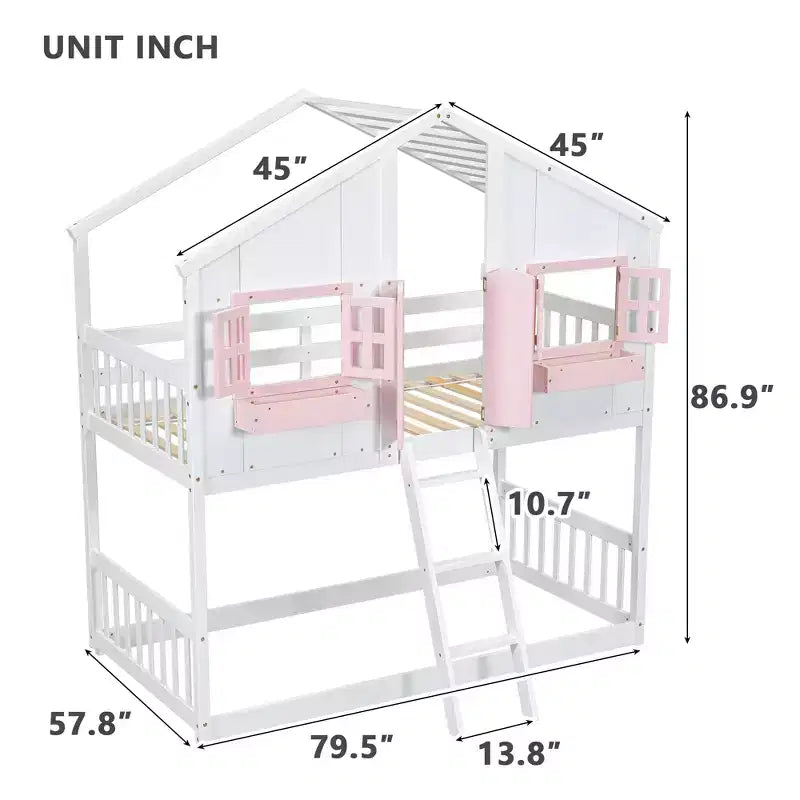 Litera Whisen con techo, ventana, jardinera, puerta, barandillas de seguridad y escalera, tamaño doble sobre doble