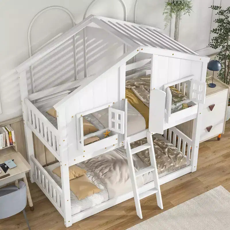 Litera Whisen con techo, ventana, jardinera, puerta, barandillas de seguridad y escalera, tamaño doble sobre doble