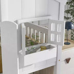 Litera Whisen con techo, ventana, jardinera, puerta, barandillas de seguridad y escalera, tamaño doble sobre doble