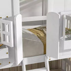 Litera Whisen con techo, ventana, jardinera, puerta, barandillas de seguridad y escalera, tamaño doble sobre doble