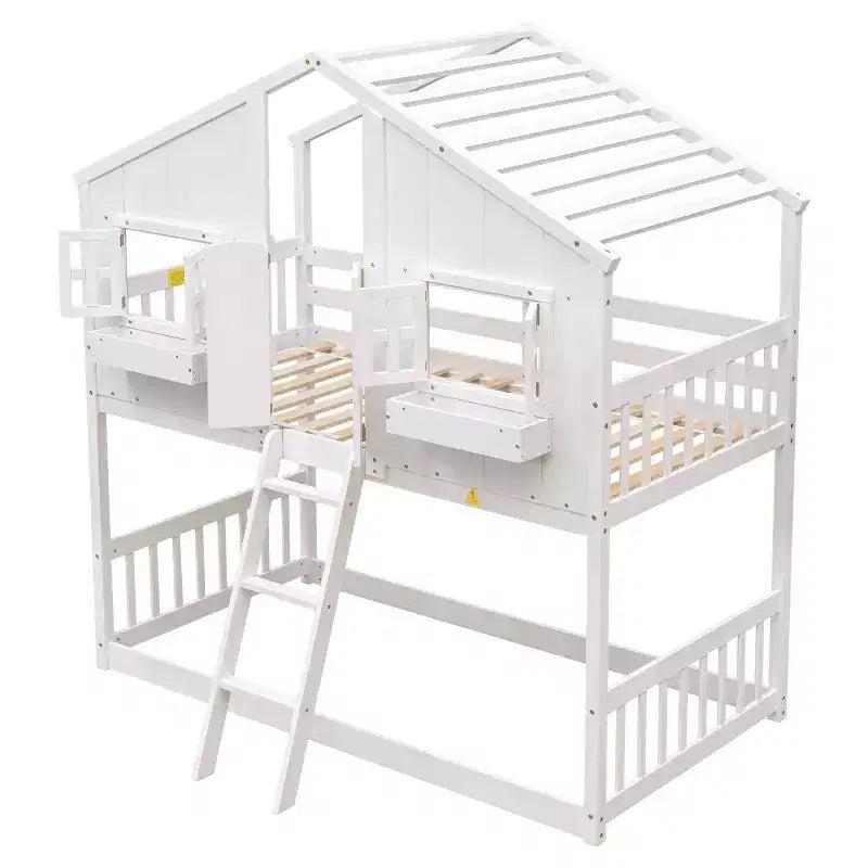 Litera Whisen con techo, ventana, jardinera, puerta, barandillas de seguridad y escalera, tamaño doble sobre doble