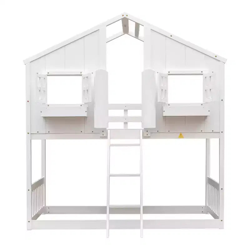 Litera Whisen con techo, ventana, jardinera, puerta, barandillas de seguridad y escalera, tamaño doble sobre doble