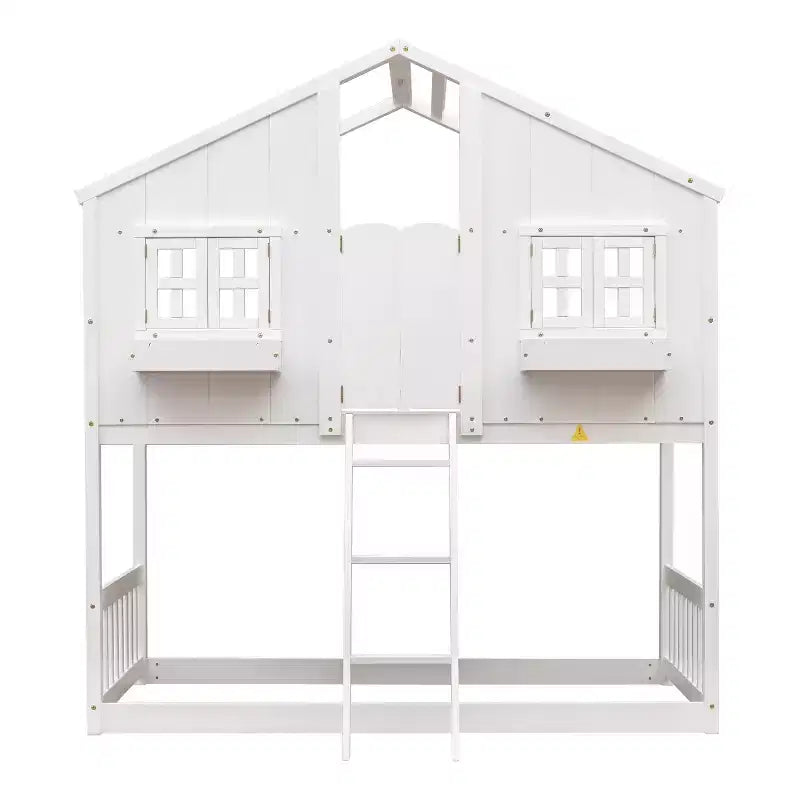 Litera Whisen con techo, ventana, jardinera, puerta, barandillas de seguridad y escalera, tamaño doble sobre doble