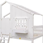 Litera Whisen con techo, ventana, jardinera, puerta, barandillas de seguridad y escalera, tamaño doble sobre doble