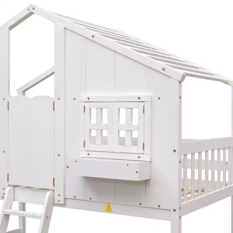 Litera Whisen con techo, ventana, jardinera, puerta, barandillas de seguridad y escalera, tamaño doble sobre doble