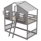 Litera Whisen con techo, ventana, jardinera, puerta, barandillas de seguridad y escalera, tamaño doble sobre doble