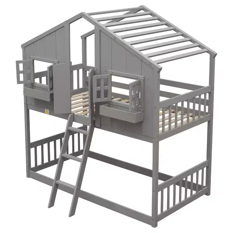 Litera Whisen con techo, ventana, jardinera, puerta, barandillas de seguridad y escalera, tamaño doble sobre doble