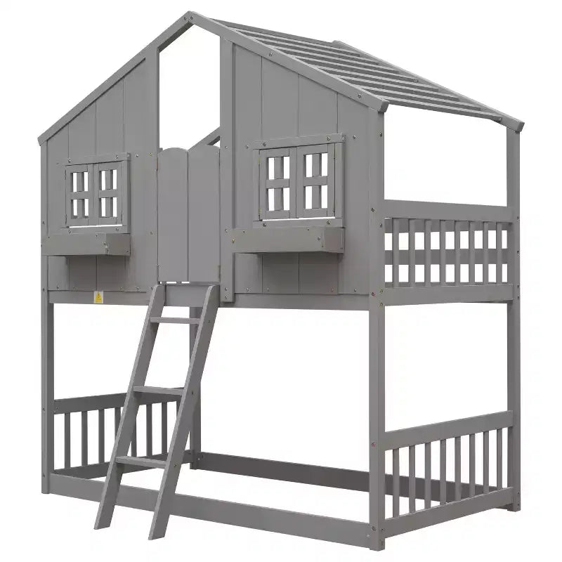 Litera Whisen con techo, ventana, jardinera, puerta, barandillas de seguridad y escalera, tamaño doble sobre doble