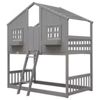 Litera Whisen con techo, ventana, jardinera, puerta, barandillas de seguridad y escalera, tamaño doble sobre doble