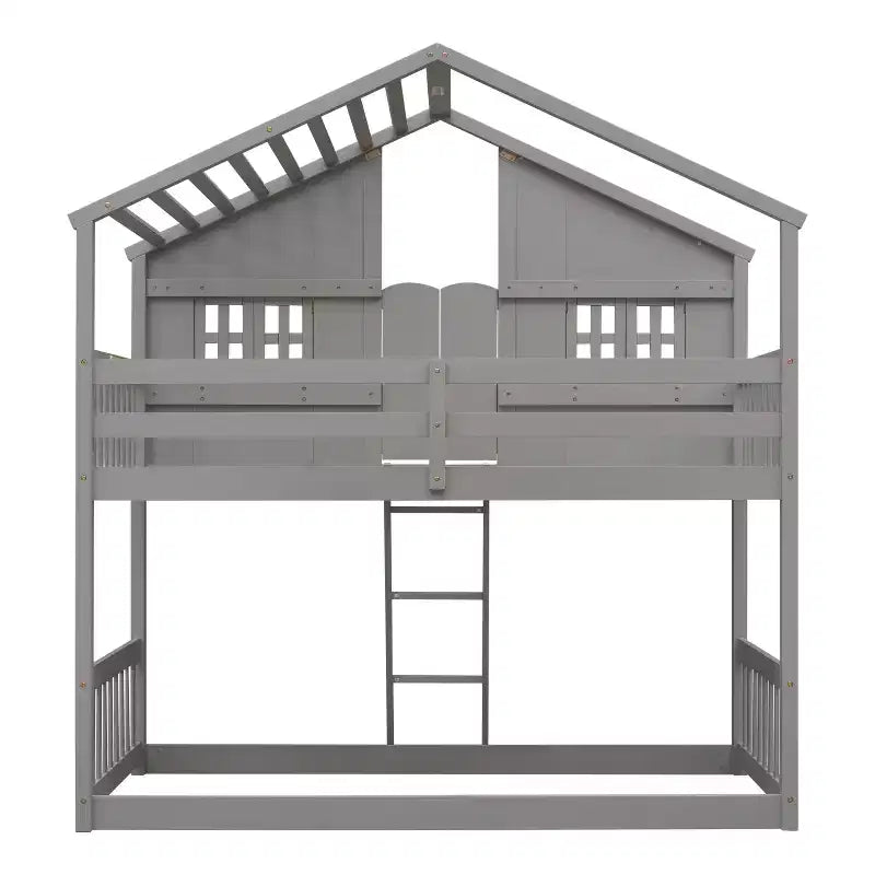 Litera Whisen con techo, ventana, jardinera, puerta, barandillas de seguridad y escalera, tamaño doble sobre doble