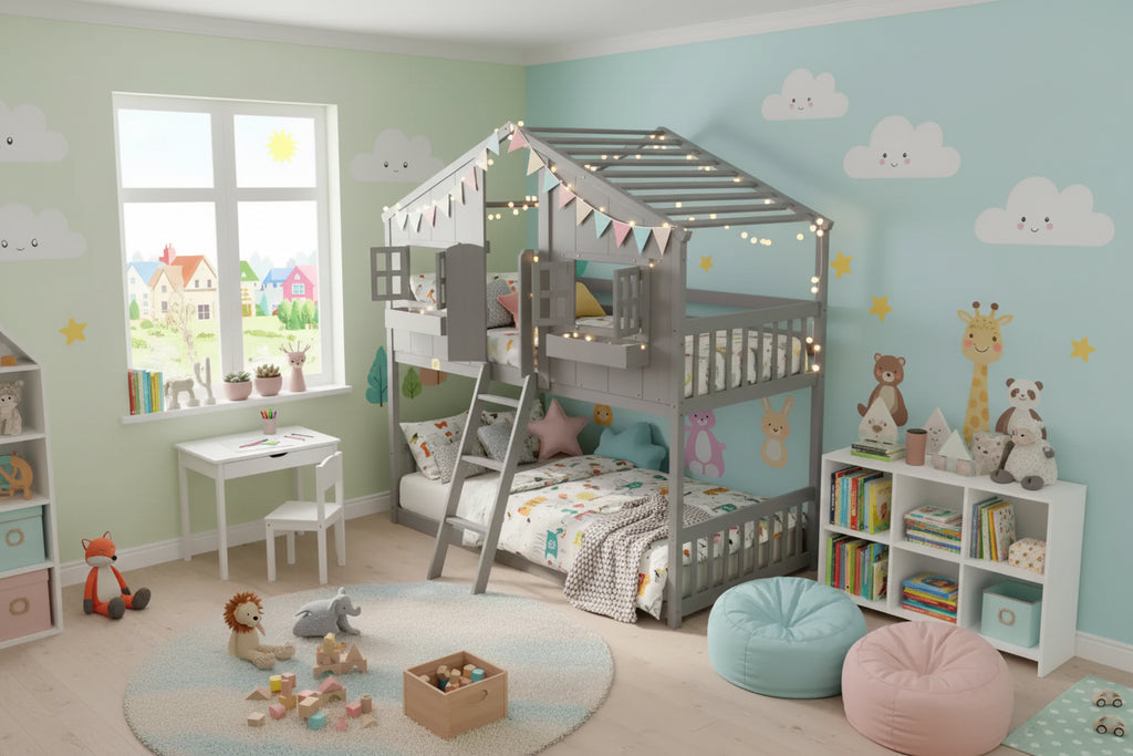 Whisen Twin over Twin House Bunk Bed with Roof, Window, Window Box, Door, with Safety Guardrails and Ladder