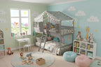 Whisen Twin over Twin House Bunk Bed with Roof, Window, Window Box, Door, with Safety Guardrails and Ladder